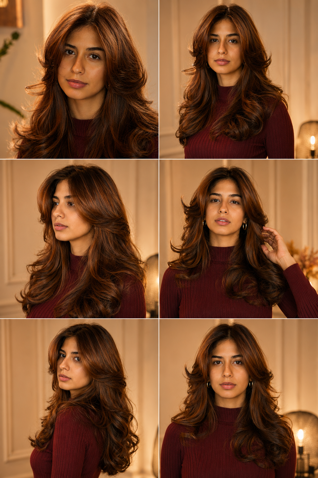 Hair lookbook collage with warm copper styling results