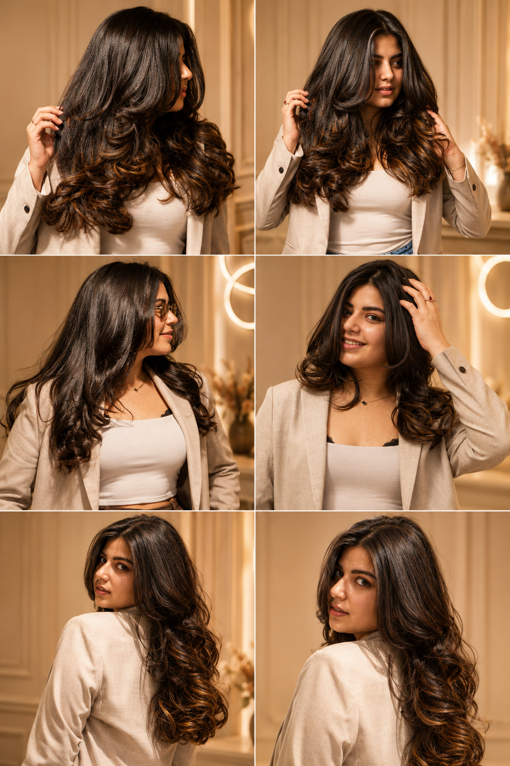 Hair lookbook collage featuring glossy volume styling